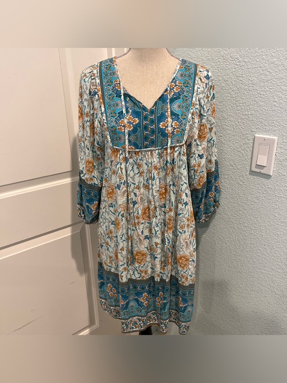 Bohemian Floral Teal blue, beige and Orange Soft Swing Dress